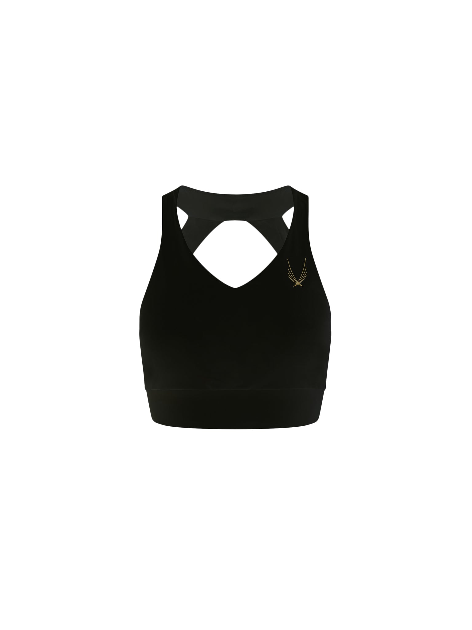 black halter-neck sports bra with open back, mesh panel, elasticated hem band for support during your workout