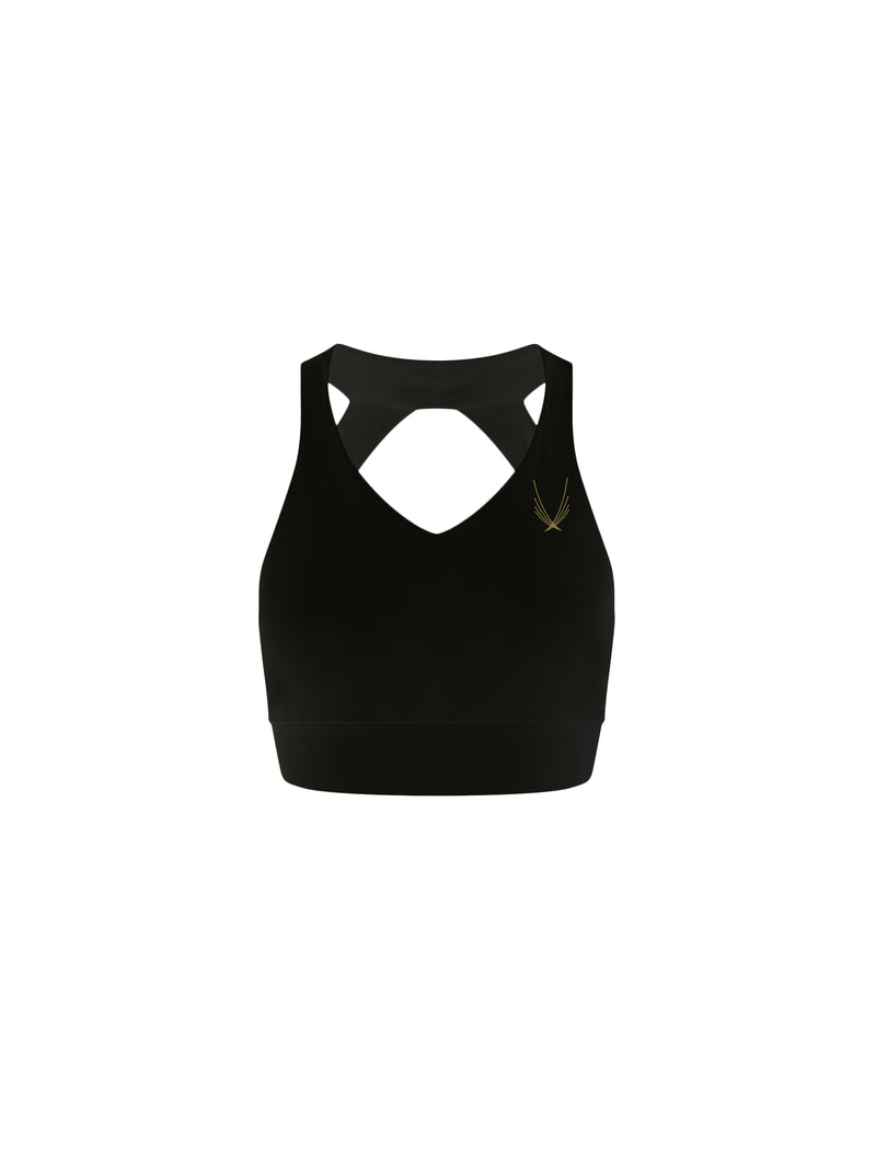 black halter-neck sports bra with open back, mesh panel, elasticated hem band for support during your workout