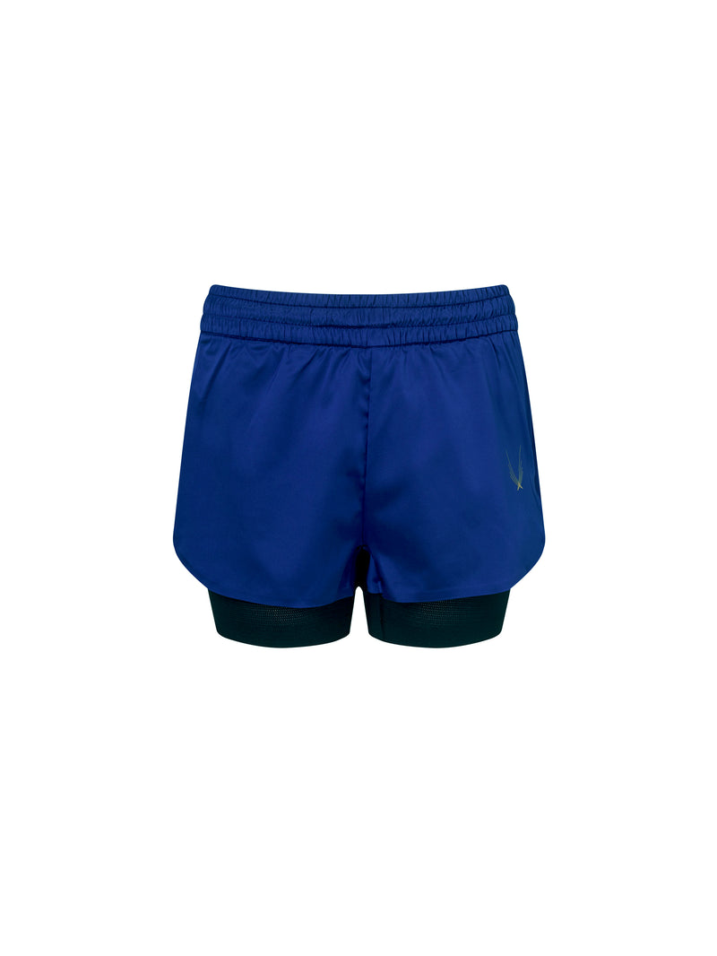 Performance stretch satin boxing and running short. Made with breathable mesh lining and blue outer shell.